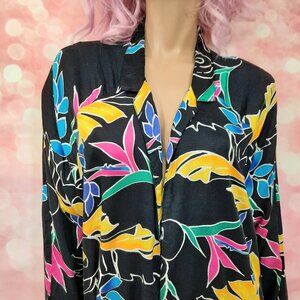 Vintage 80s Tropical Floral Print Oversized Jacket Blazer Size L Black Rayon